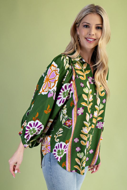 Mertle Floral Print Loose Fit Button Down Shirt in Green Floral