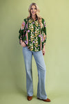 Mertle Floral Print Loose Fit Button Down Shirt in Green Floral