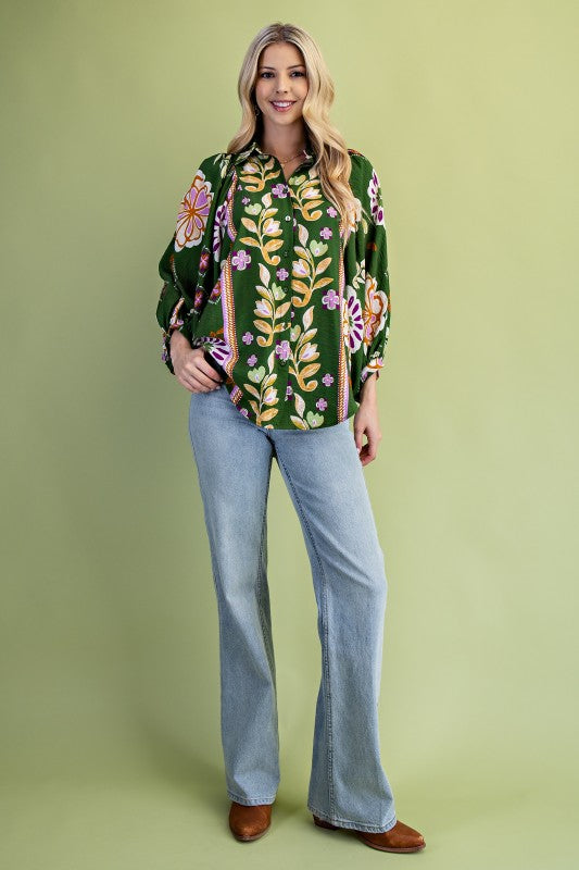 Mertle Floral Print Loose Fit Button Down Shirt in Green Floral