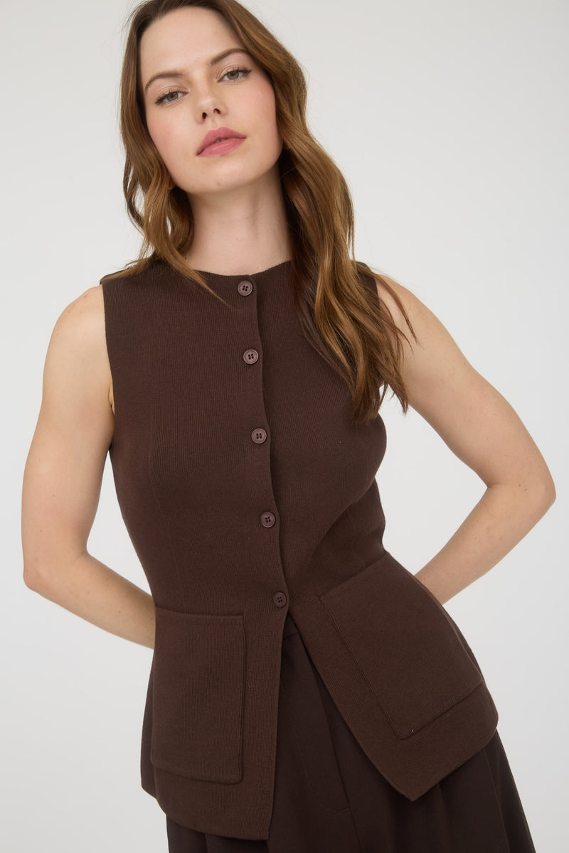 Piper Button Down Sleeveless Knit Vest in Brown