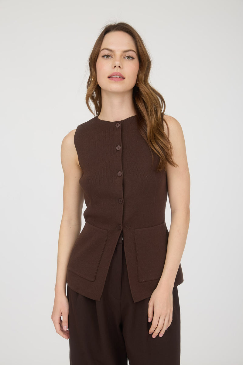 Piper Button Down Sleeveless Knit Vest in Brown