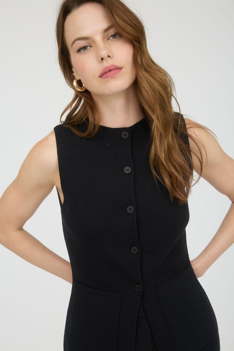 Piper Button Down Sleeveless Knit Vest in Black