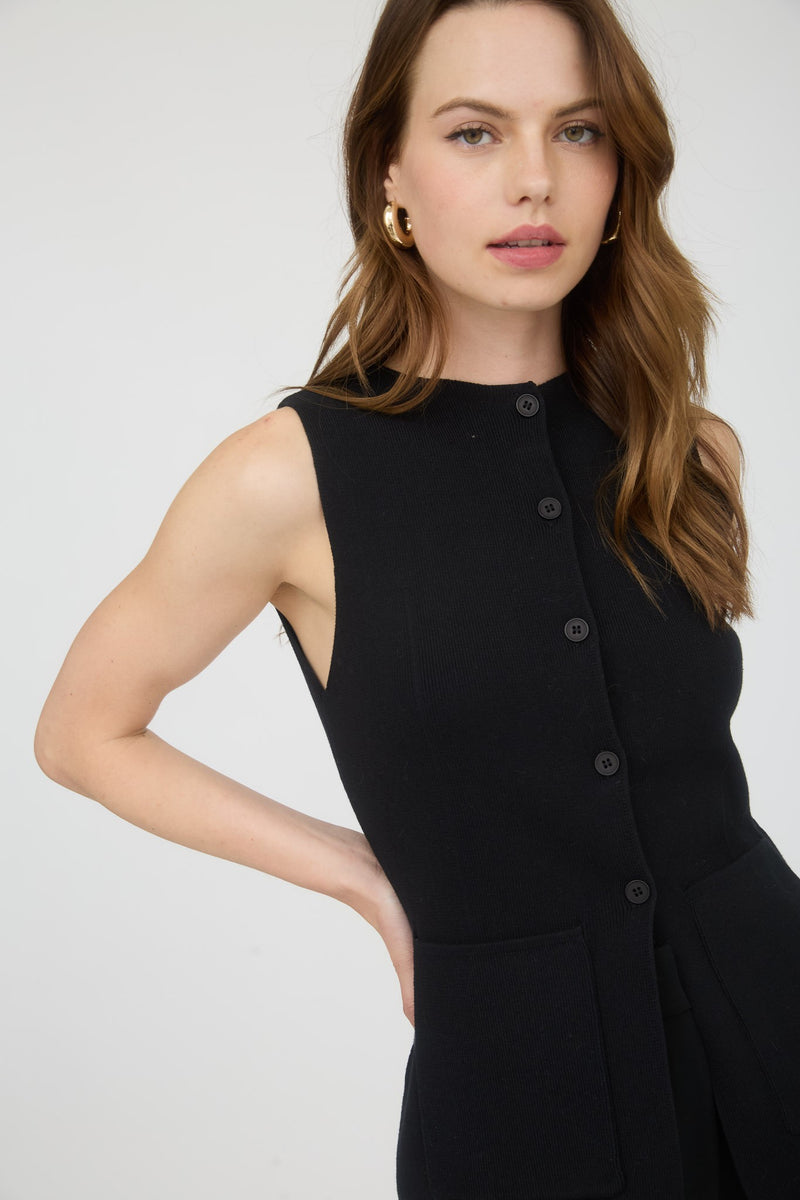 Piper Button Down Sleeveless Knit Vest in Black