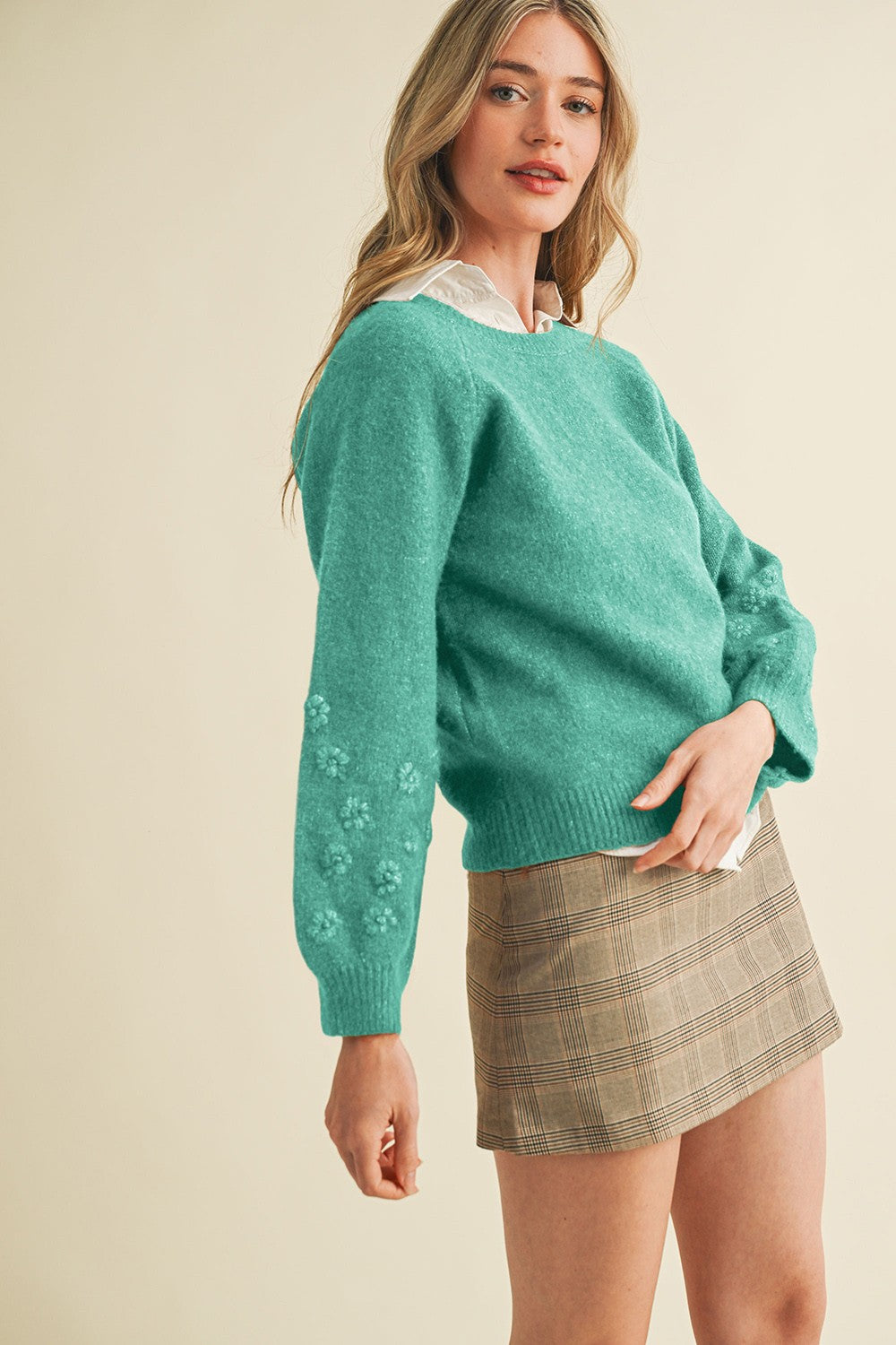 Kendra Pattern Puff Sleeve Sweater in Kelly Green
