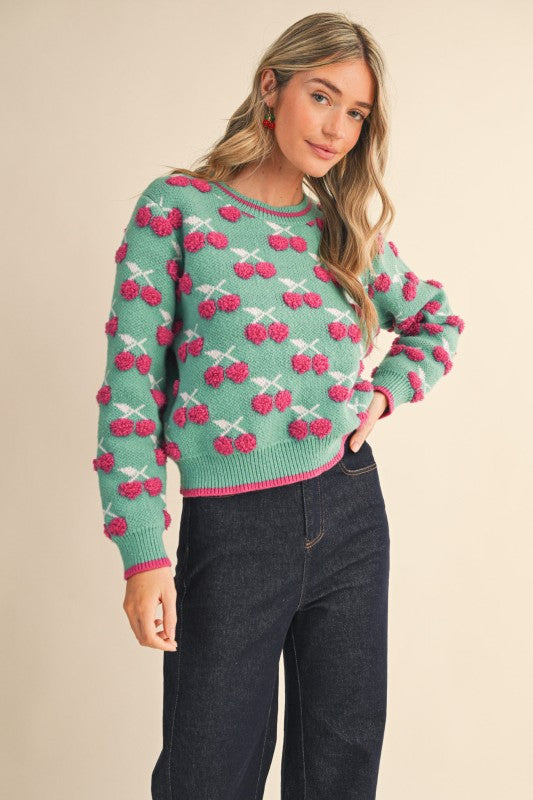 Fuzzy Cherry Sweater in Emerald Berry