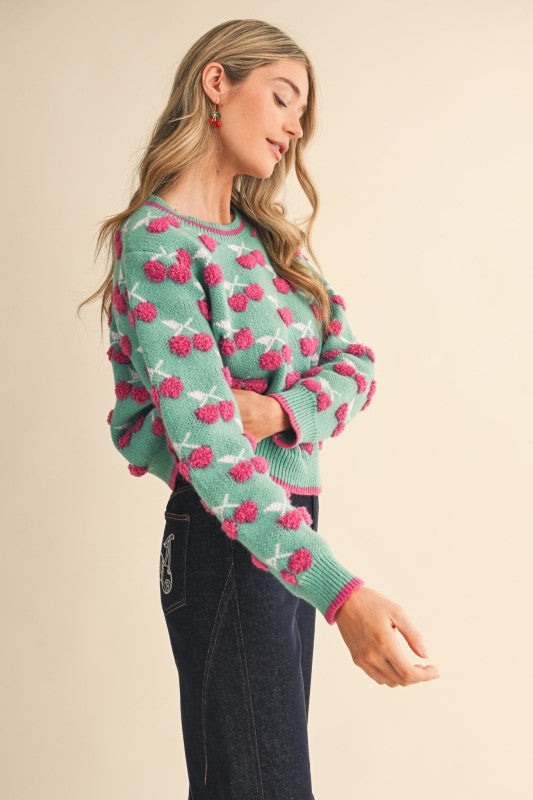 Fuzzy Cherry Sweater in Emerald Berry