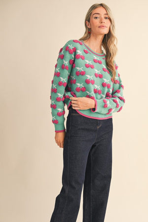 Fuzzy Cherry Sweater in Emerald Berry