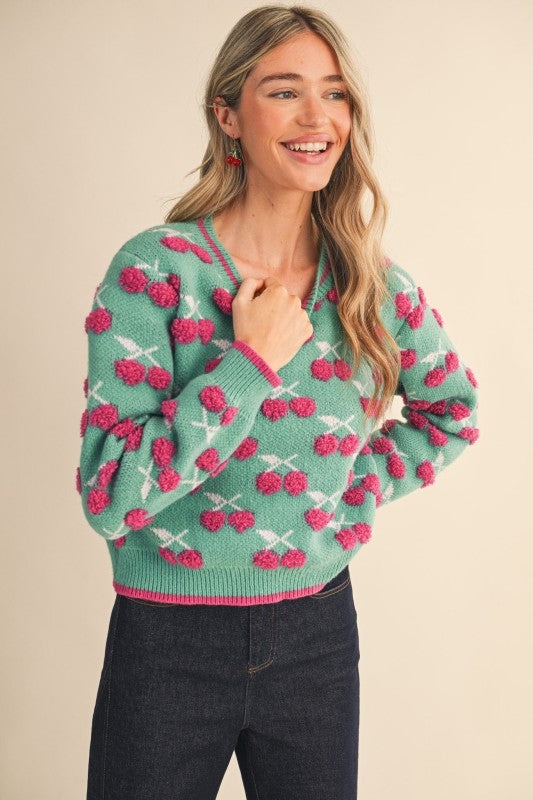 Fuzzy Cherry Sweater in Emerald Berry
