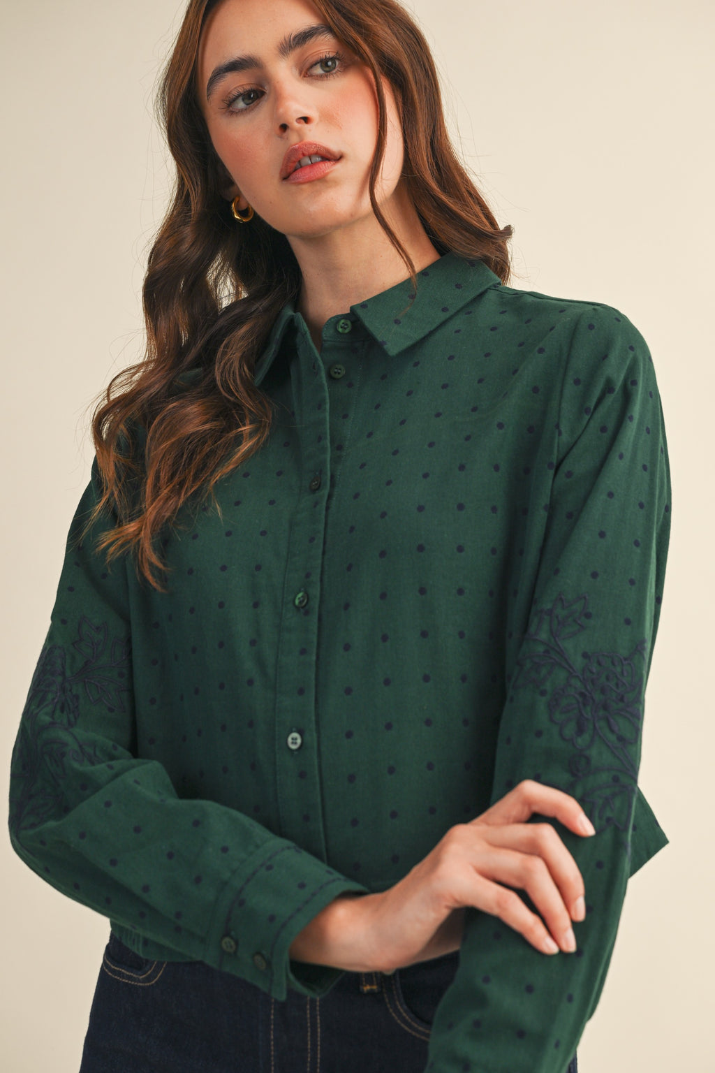 Polka Dot Floral Embroidery Cotton Button Up Top