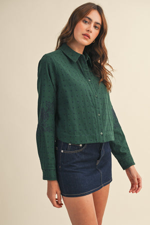 Polka Dot Floral Embroidery Cotton Button Up Top