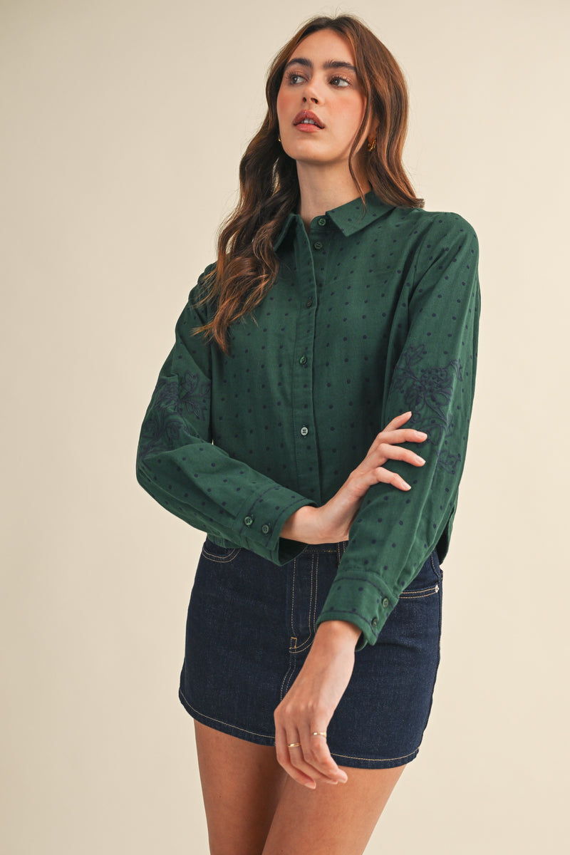 Polka Dot Floral Embroidery Cotton Button Up Top