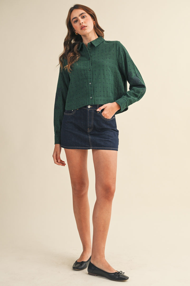 Polka Dot Floral Embroidery Cotton Button Up Top