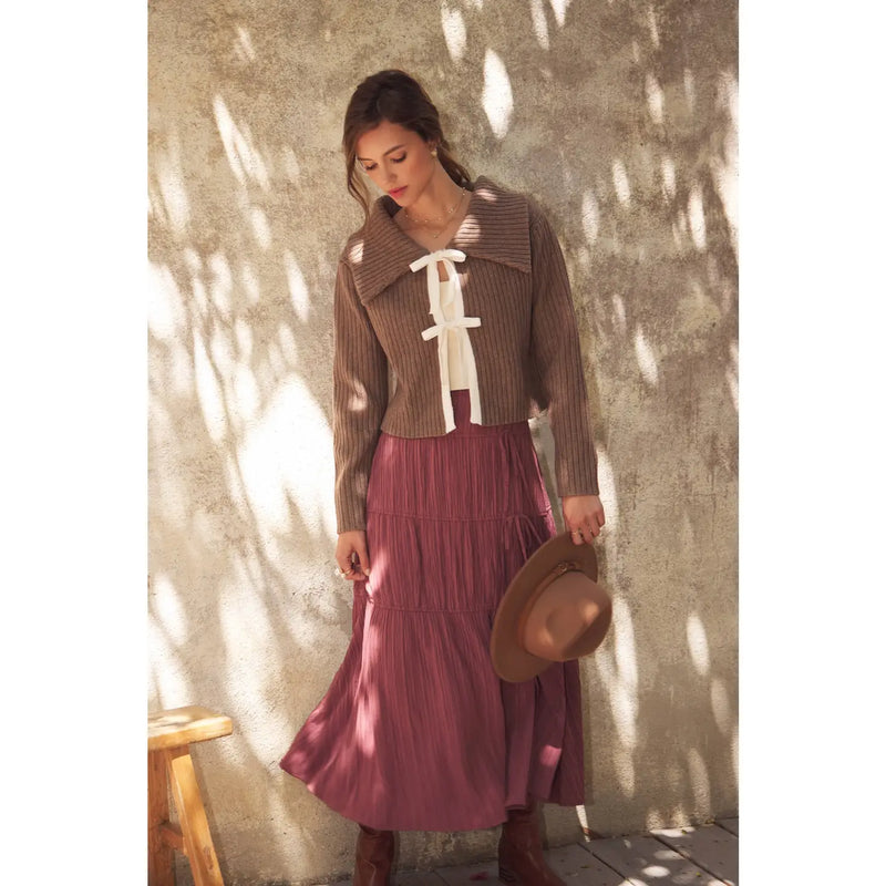 Penelope Graceful Midi Skirt With Side Slit and Bow in Raspberry Truffle