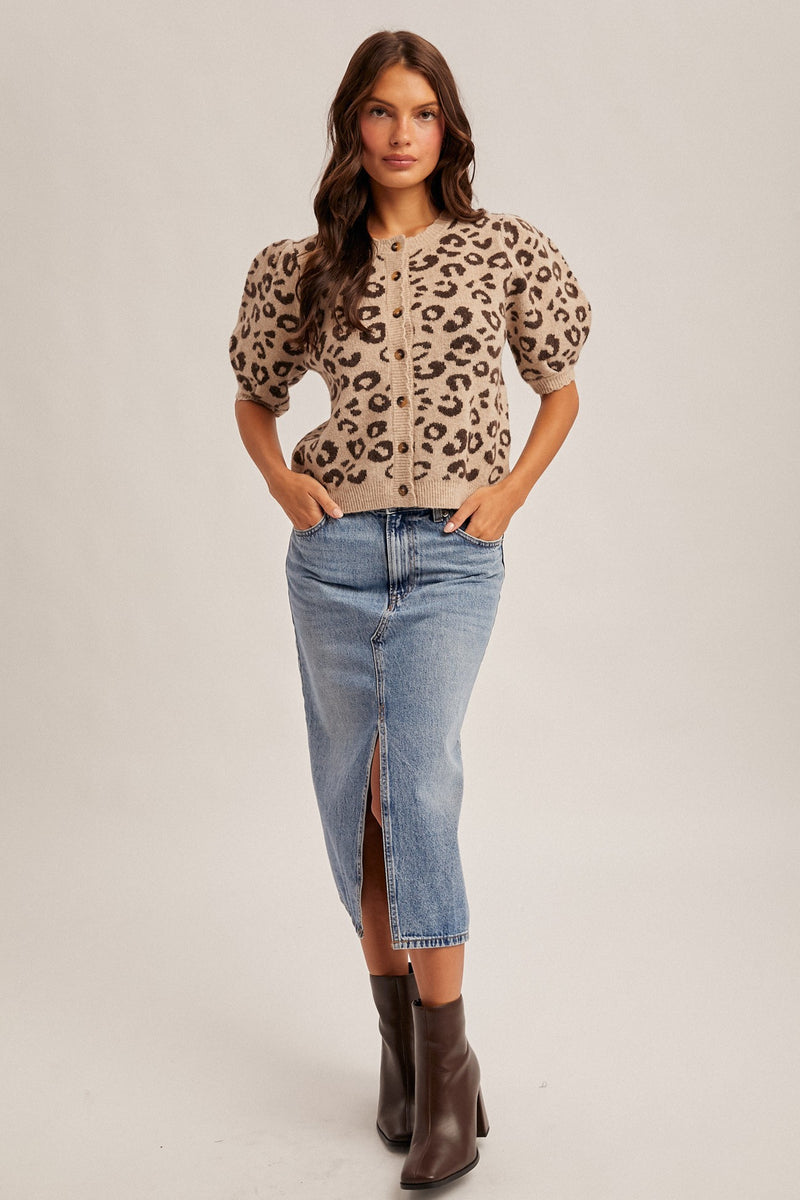 Sara Animal Print Short Sleeve Cardigan Sweater by Hem & Thread