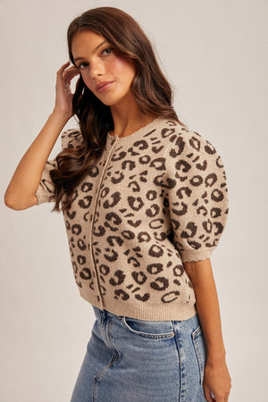 Sara Animal Print Short Sleeve Cardigan Sweater by Hem & Thread