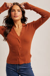 Stella Front Twist Collared Sweater Knit Top in Brown by Hem & Thread