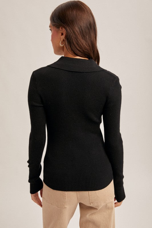 Stella Front Twist Collared Sweater Knit Top in Black by Hem & Thread