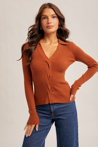 Salli Scallop Edge Button Down Sweater Vest in Dark Brown by Le Lis
