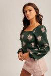Sasha Square Neck Puff Sleeve Floral Sweater by Hem & Thread