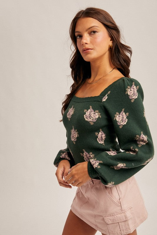 Sasha Square Neck Puff Sleeve Floral Sweater by Hem & Thread