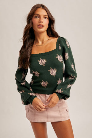 Sasha Square Neck Puff Sleeve Floral Sweater by Hem & Thread