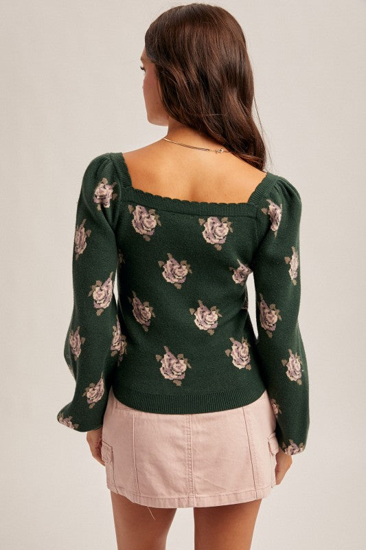 Sasha Square Neck Puff Sleeve Floral Sweater by Hem & Thread