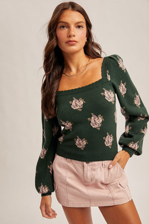 Sasha Square Neck Puff Sleeve Floral Sweater by Hem & Thread