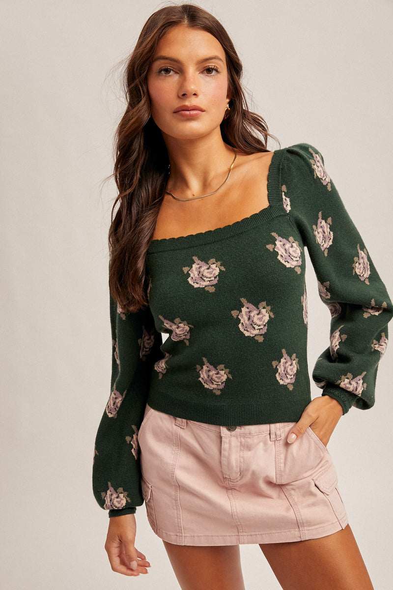 Sasha Square Neck Puff Sleeve Floral Sweater by Hem & Thread