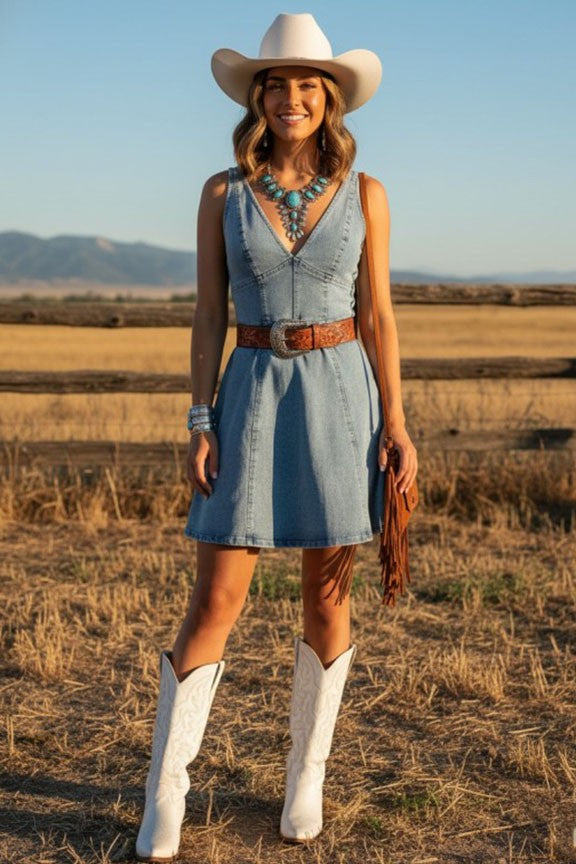 deep v denim dress V - Neck Denim Dress - Mid Vintage