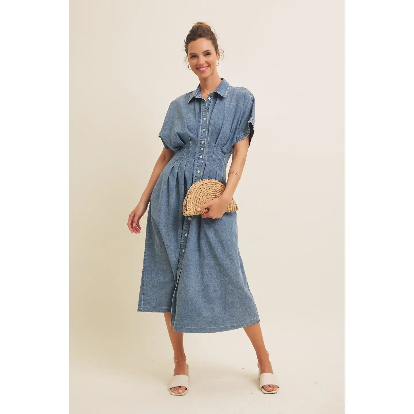 Leena Stretchy Denim Midi Dress by In February Small Leena Stretchy Denim Midi Dress by In February Small