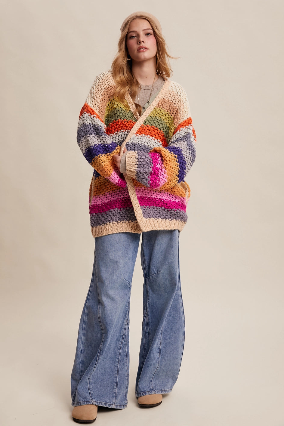 Evelyn Rainbow Crochet Open Cardigan in Cream Multi
