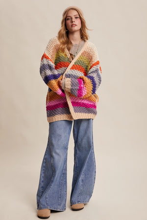 Evelyn Rainbow Crochet Open Cardigan in Cream Multi