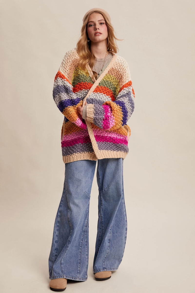 Evelyn Rainbow Crochet Open Cardigan in Cream Multi