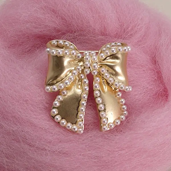 Gold Pearl Bow Ribbon Brooch