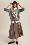 Floral Intarsia V-Neck Sweater in Heather Grey