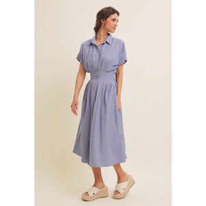 Marta Pleated Waist Button Down Flare Midi Dress In February