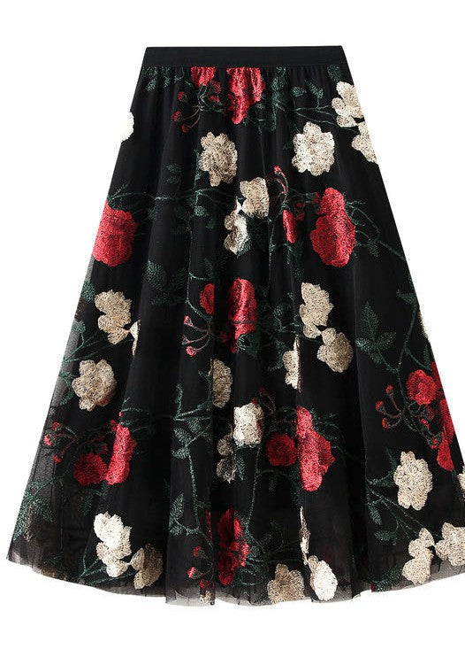 Rose Pattern Midi Skirt With Mesh Overlay