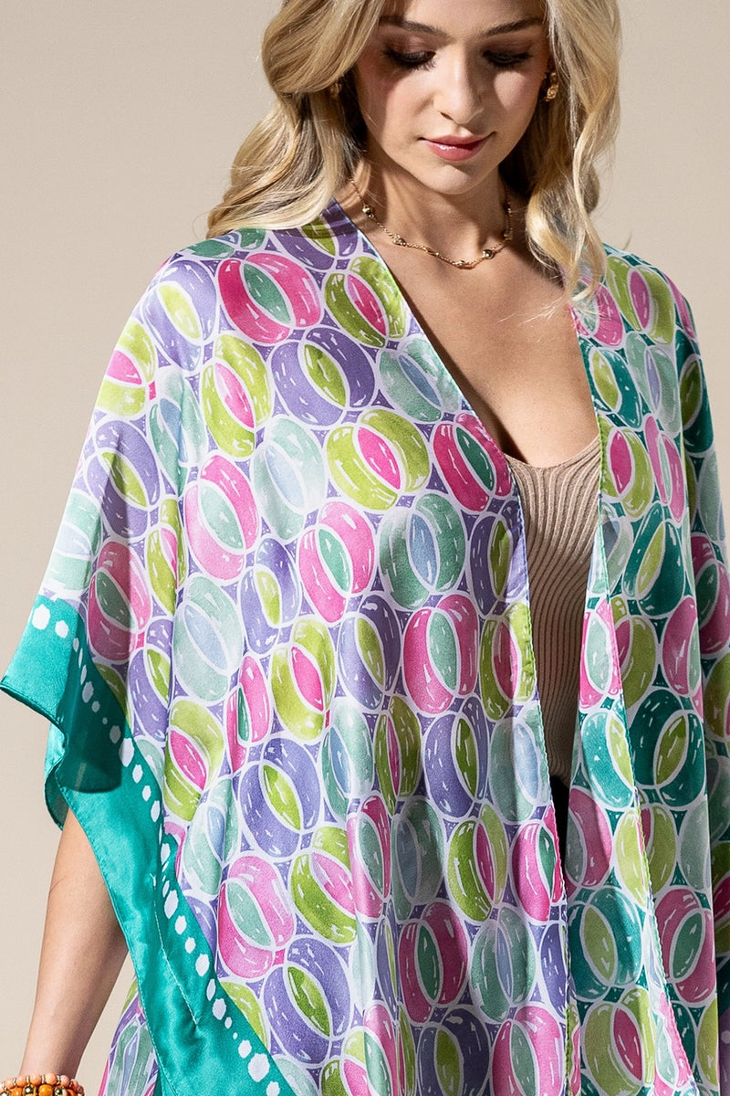 Two Tone Trim Abstract Print Silky Kimono