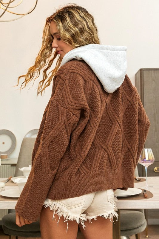Rhombus Pattern Sweater with Attached Knit Hoodie