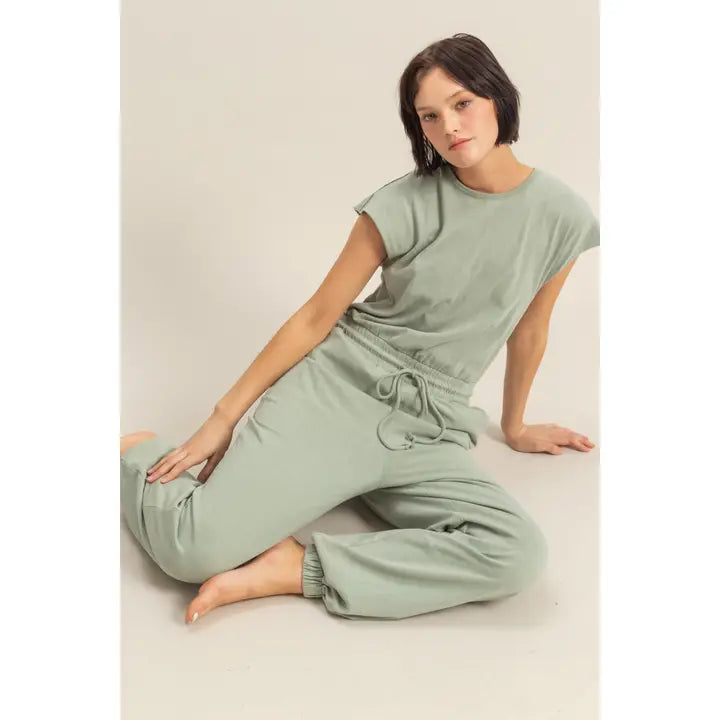 Megan Short Sleeve Casual Jumpsuit in Sage Green