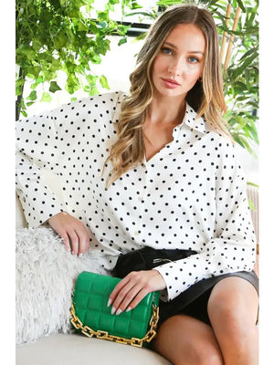 Faith Polka Dot Satin Button Up Blouse in White