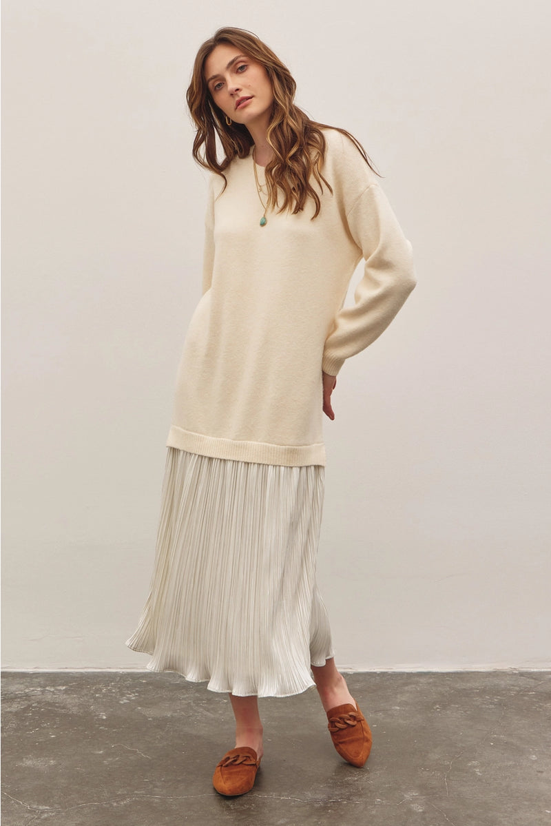 Metallic Pleated Skirt Twofer Sweater Midi Dress