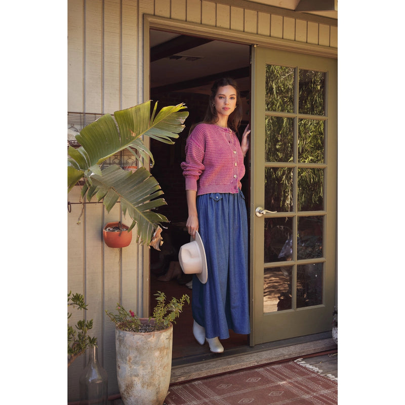 Andrea Mineral Washed Cotton Cable Knit Sweater Cardigan in Fuchsia