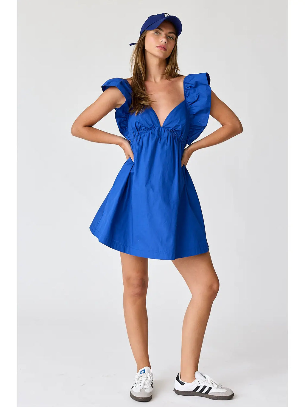 Audrey Tie-Back Ruffle Mini Dress in Cobalt Blue