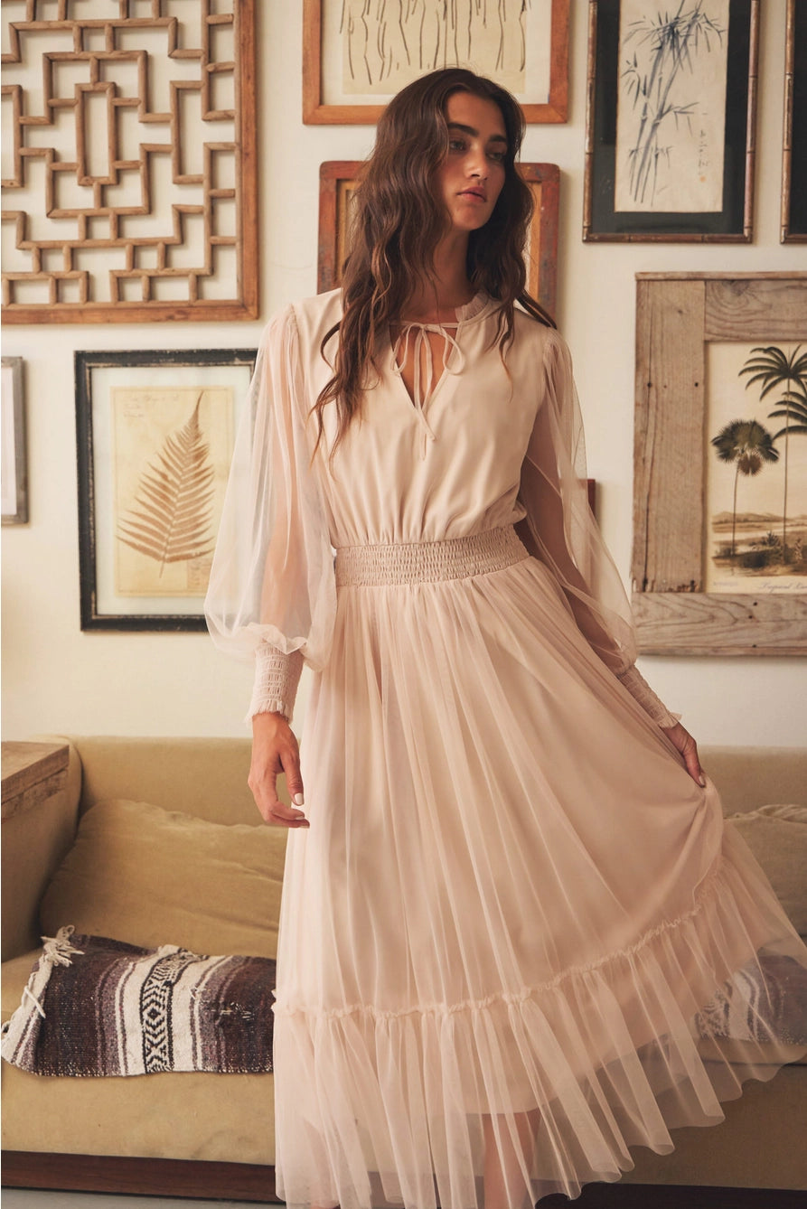 Charlotte Romantic Sheer Mesh V-Neck Midi Dress – Polka Dots Boutique