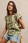 Kelly Floral Print Wave Trim Top in Moss
