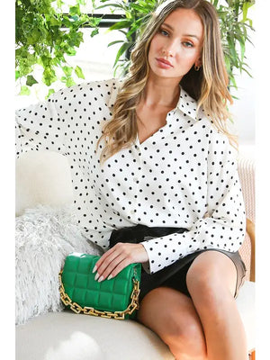 Faith Polka Dot Satin Button Up Blouse in White