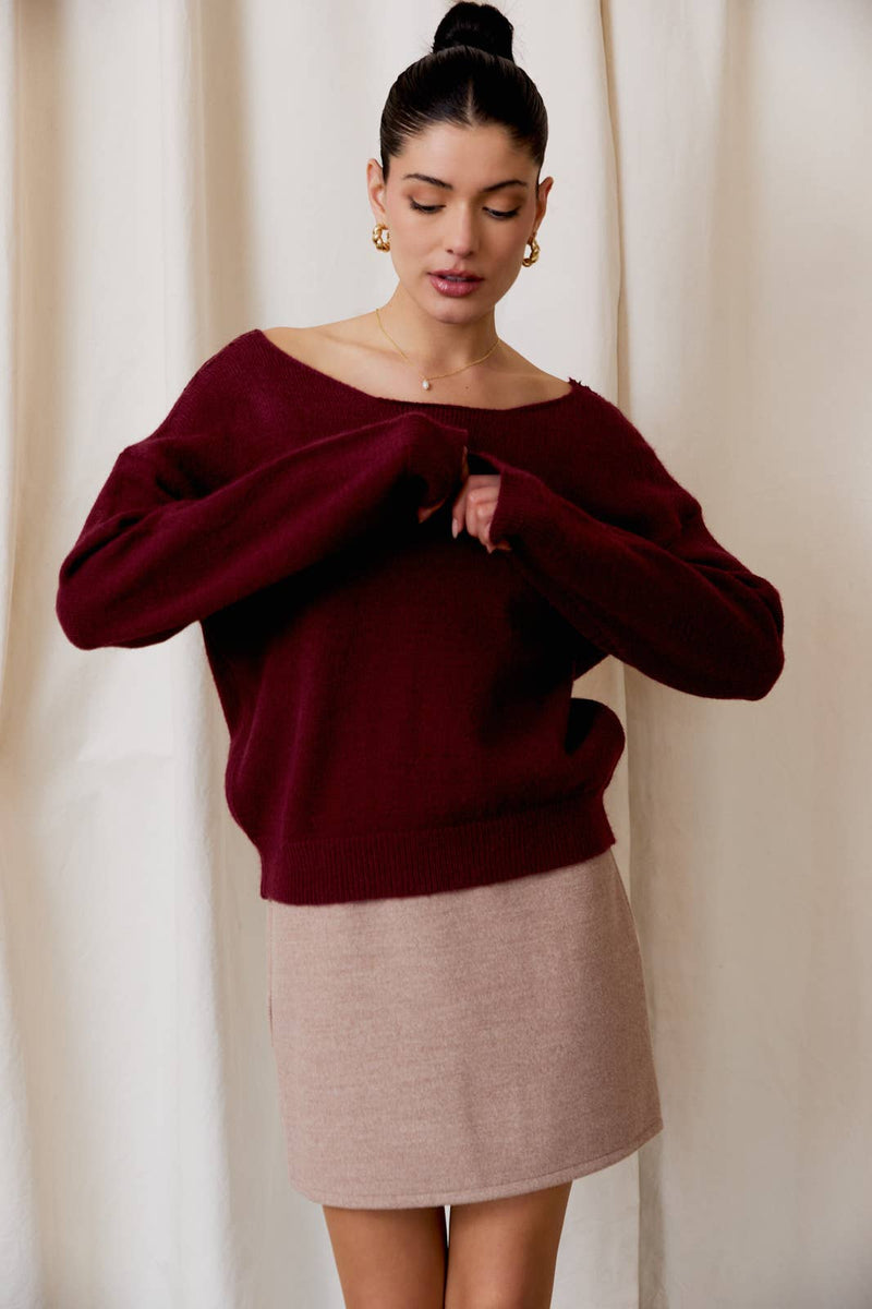 Rita Back Lace Trim Long Sleeve Sweater in Wine