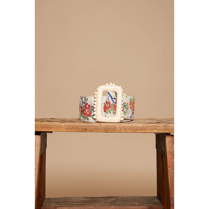 Floral Cream and Ruby Square Buckle Belt by POL