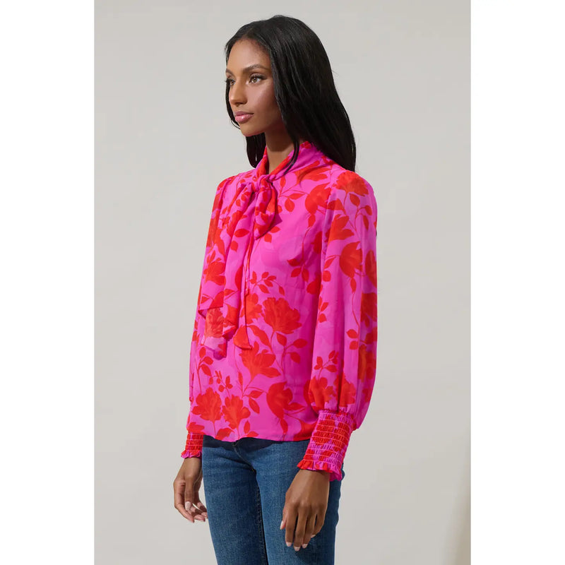 Kensie Floral Etienne Tie Neck Long Sleeve Blouse by Sugarlips